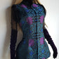 90s Vintage Oriental Brocade Rabbit Fur Trimmed Vest / Dress in Rich Blue and Purples