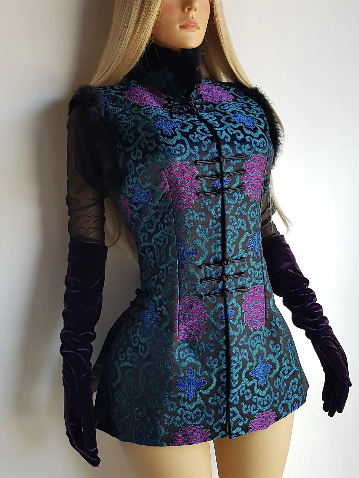 90s Vintage Oriental Brocade Rabbit Fur Trimmed Vest / Dress in Rich Blue and Purples