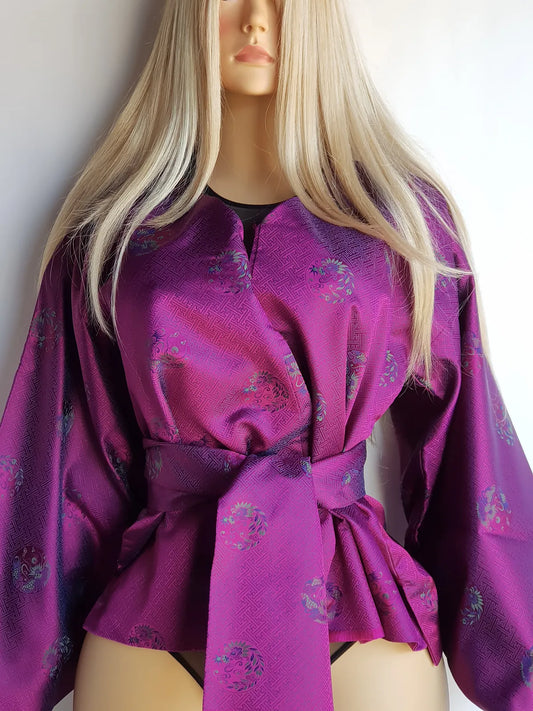 Sumptuous Rich Purple Oriental Jacket in Reversible Brocade with Ornate Prints all over - Tie Waist with Sash - Wear Multiple Ways