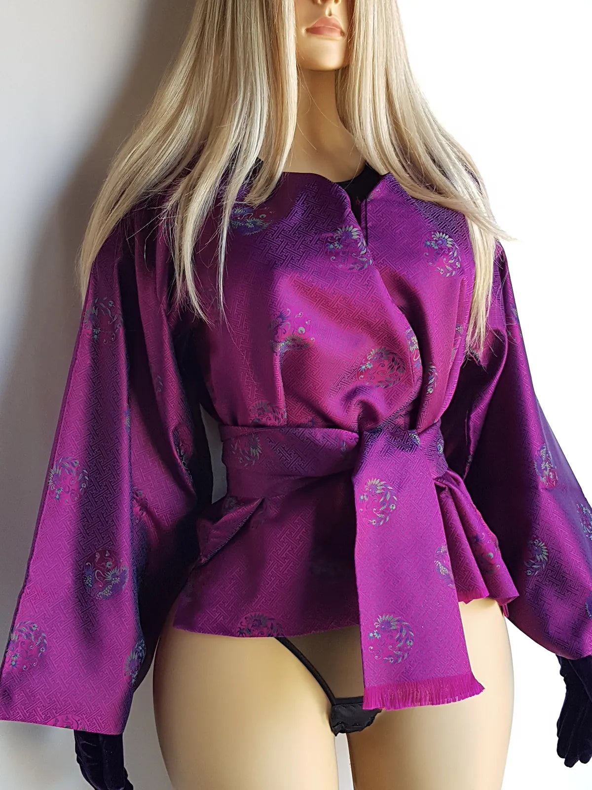 Sumptuous Rich Purple Oriental Jacket in Reversible Brocade with Ornate Prints all over - Tie Waist with Sash - Wear Multiple Ways