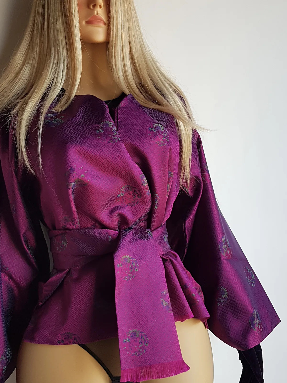 Sumptuous Rich Purple Oriental Jacket in Reversible Brocade with Ornate Prints all over - Tie Waist with Sash - Wear Multiple Ways