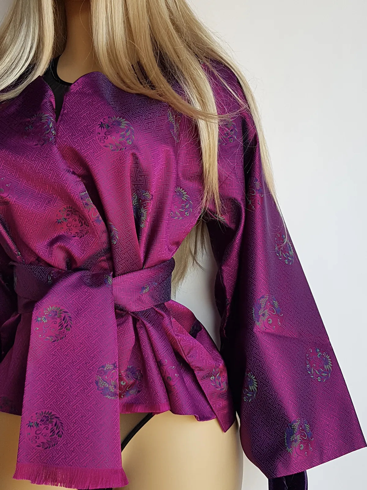 Sumptuous Rich Purple Oriental Jacket in Reversible Brocade with Ornate Prints all over - Tie Waist with Sash - Wear Multiple Ways