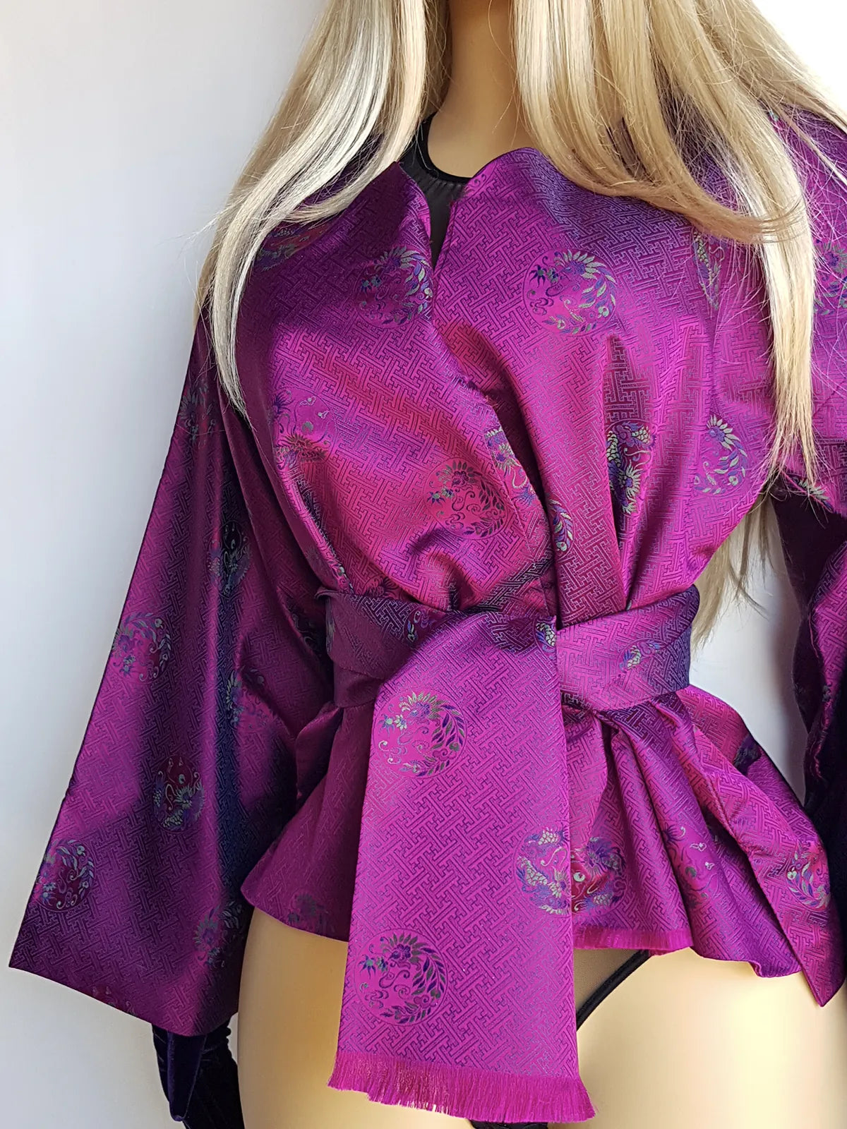 Sumptuous Rich Purple Oriental Jacket in Reversible Brocade with Ornate Prints all over - Tie Waist with Sash - Wear Multiple Ways