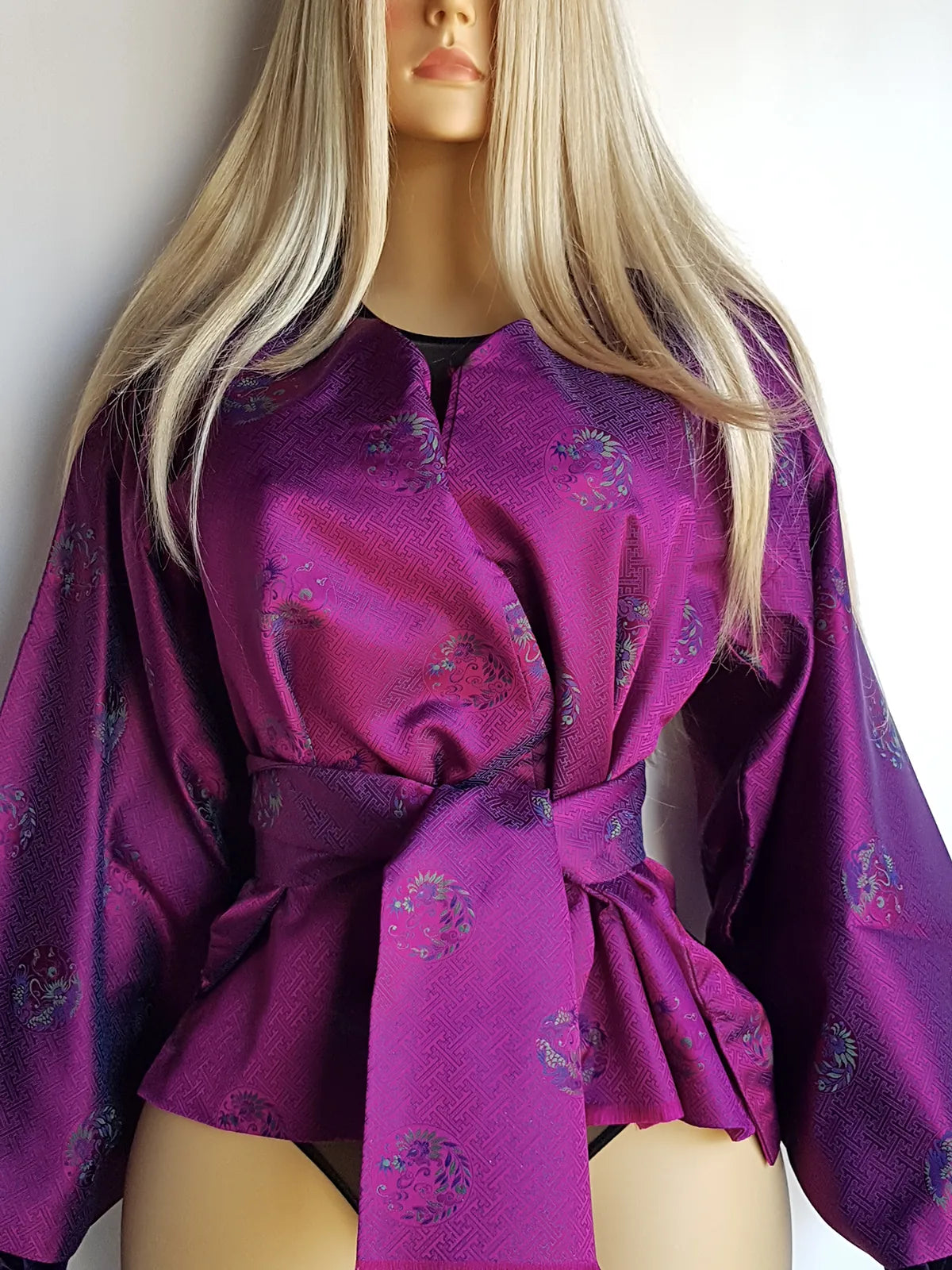 Sumptuous Rich Purple Oriental Jacket in Reversible Brocade with Ornate Prints all over - Tie Waist with Sash - Wear Multiple Ways