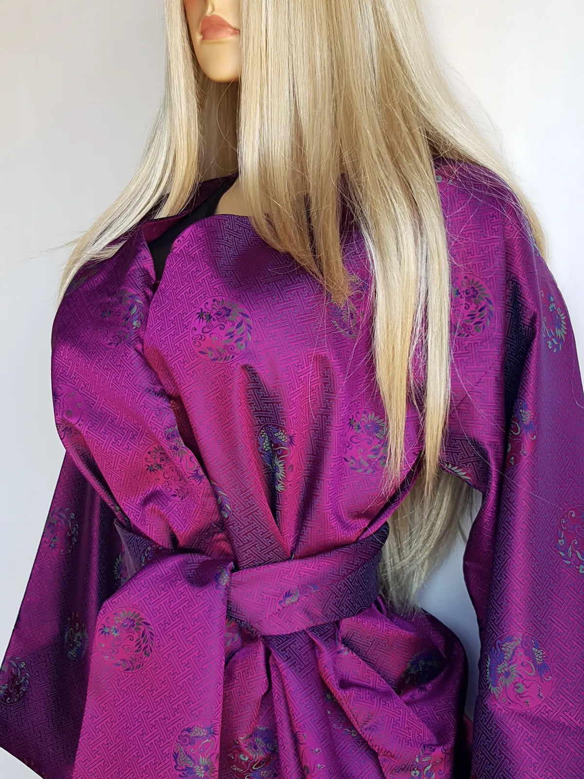 Sumptuous Rich Purple Oriental Jacket in Reversible Brocade with Ornate Prints all over - Tie Waist with Sash - Wear Multiple Ways