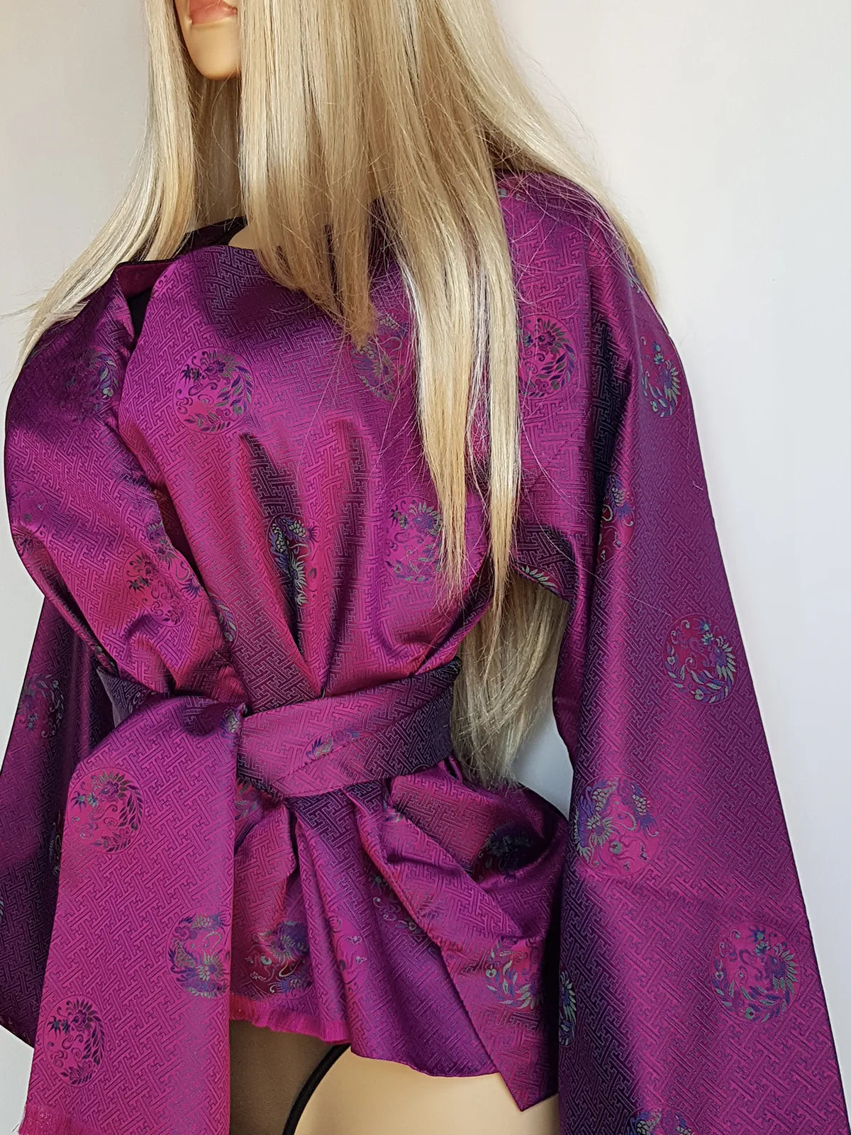 Sumptuous Rich Purple Oriental Jacket in Reversible Brocade with Ornate Prints all over - Tie Waist with Sash - Wear Multiple Ways