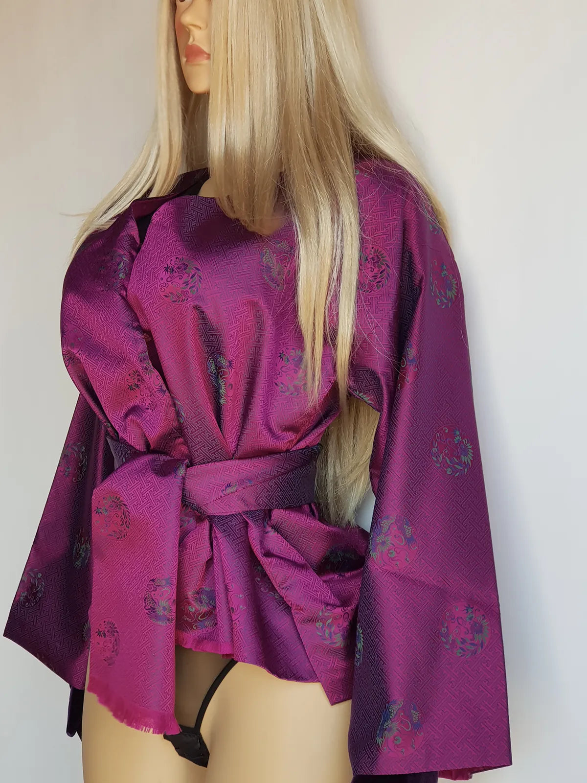 Sumptuous Rich Purple Oriental Jacket in Reversible Brocade with Ornate Prints all over - Tie Waist with Sash - Wear Multiple Ways