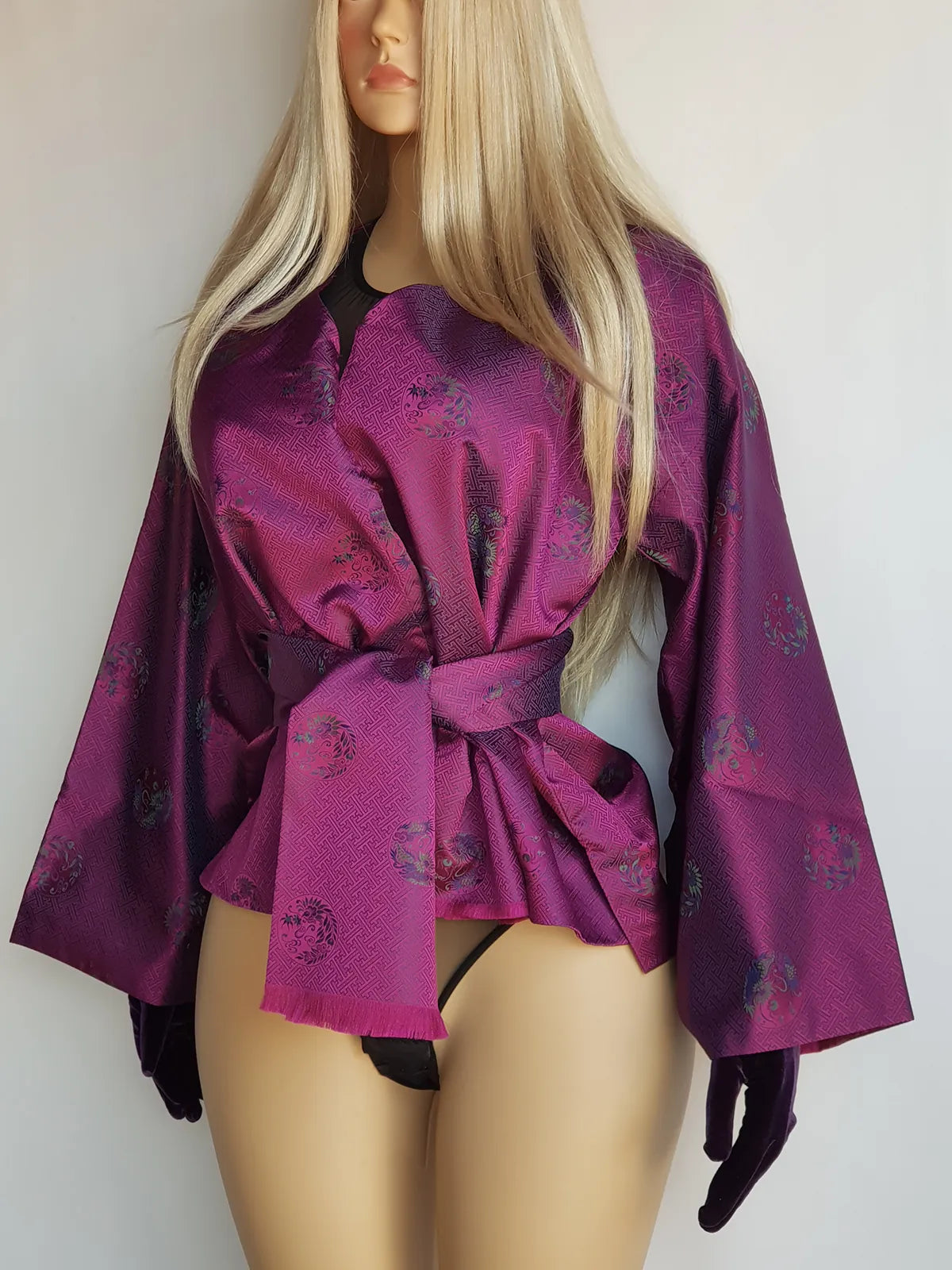 Sumptuous Rich Purple Oriental Jacket in Reversible Brocade with Ornate Prints all over - Tie Waist with Sash - Wear Multiple Ways