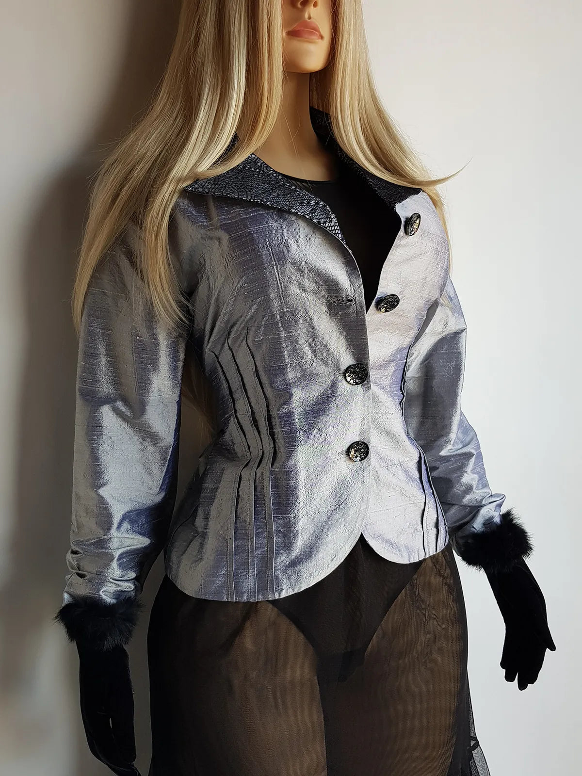 Whimsigoth 1990s Authentic Designer Tailored Jacket with Lace Overlay on collar - Unique Silver - Slim waist with sculpted sleeves