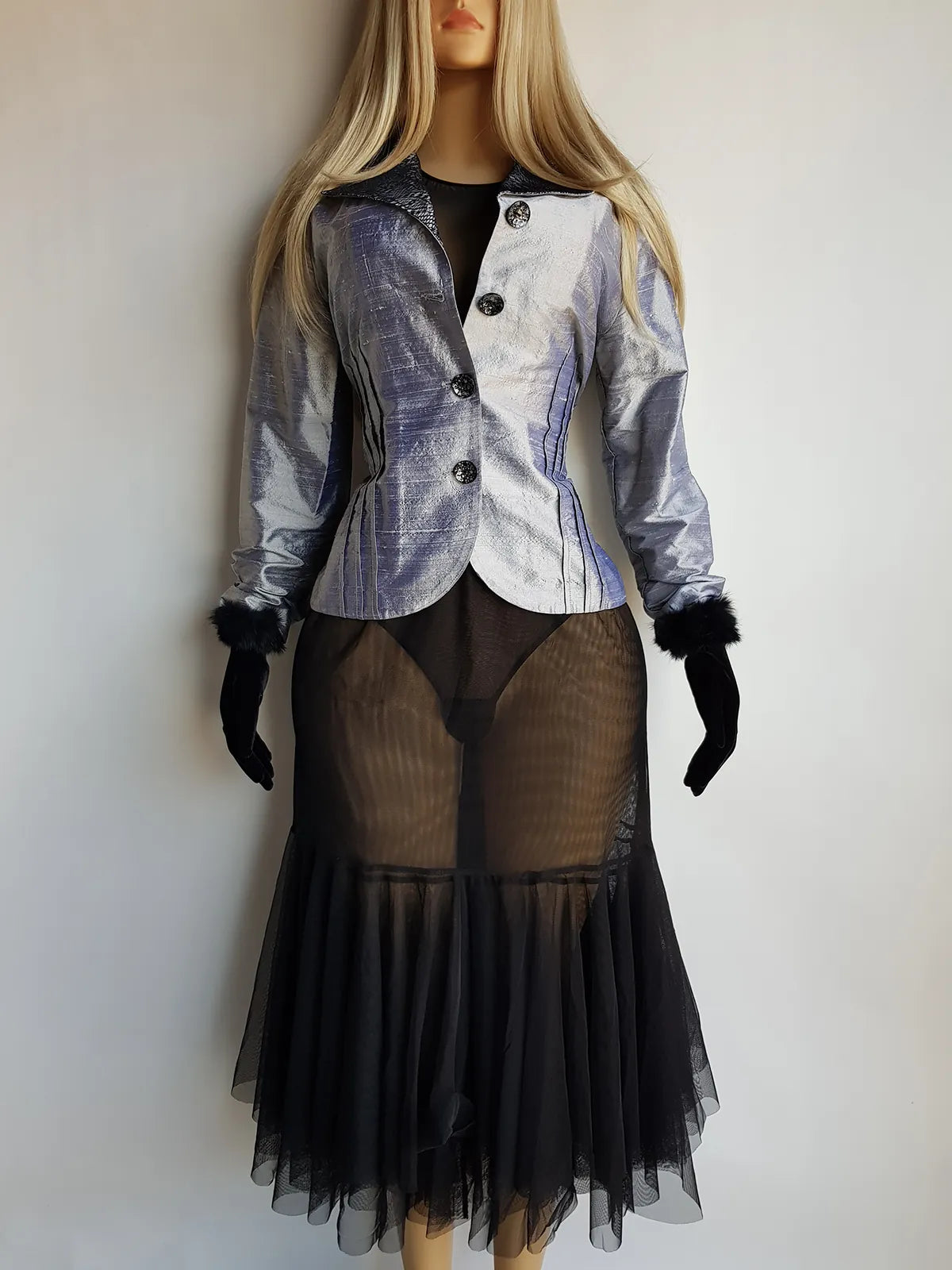 Whimsigoth 1990s Authentic Designer Tailored Jacket with Lace Overlay on collar - Unique Silver - Slim waist with sculpted sleeves