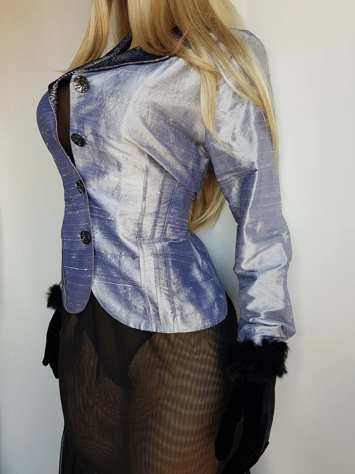 Whimsigoth 1990s Authentic Designer Tailored Jacket with Lace Overlay on collar - Unique Silver - Slim waist with sculpted sleeves