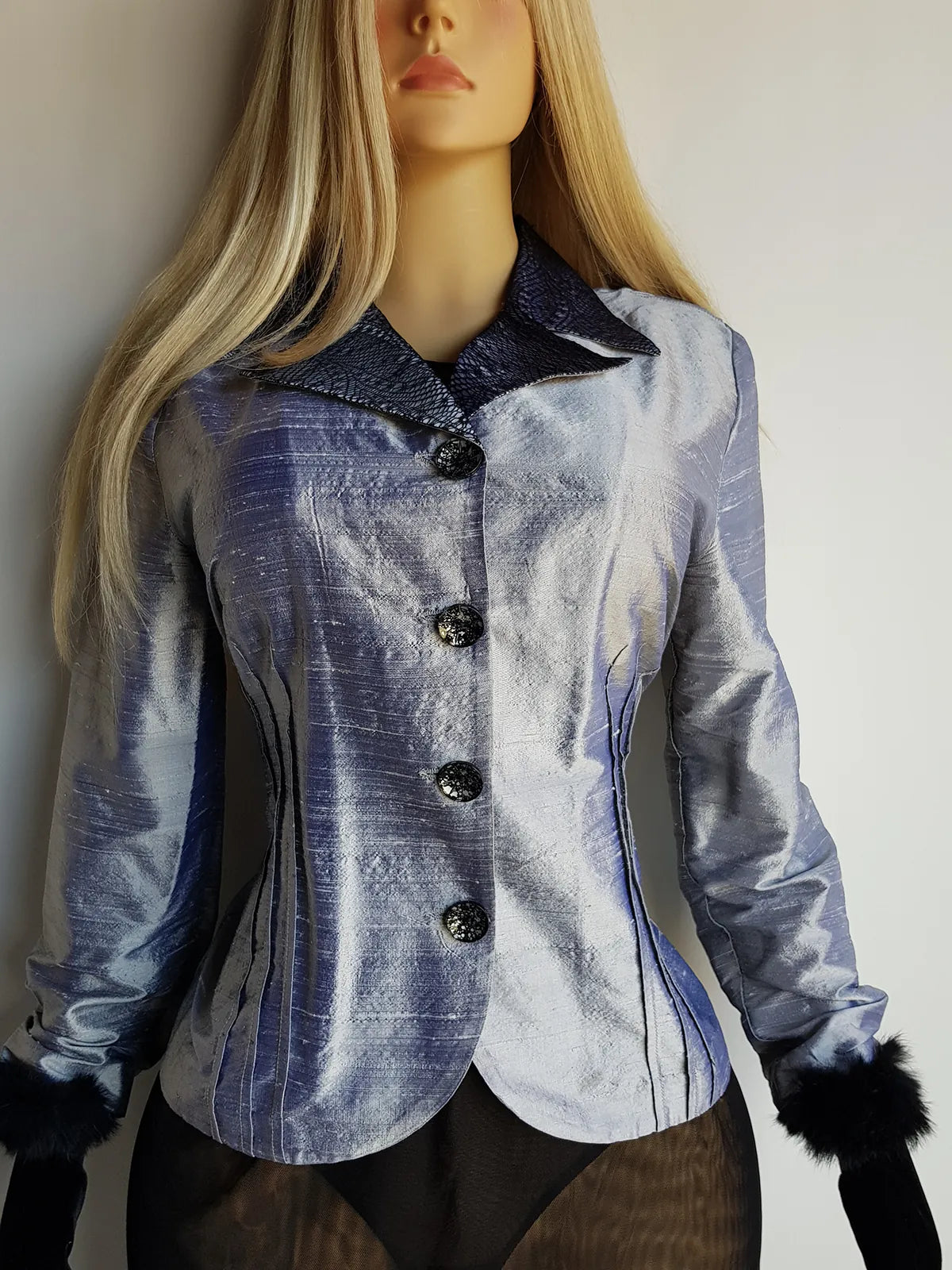 Whimsigoth 1990s Authentic Designer Tailored Jacket with Lace Overlay on collar - Unique Silver - Slim waist with sculpted sleeves