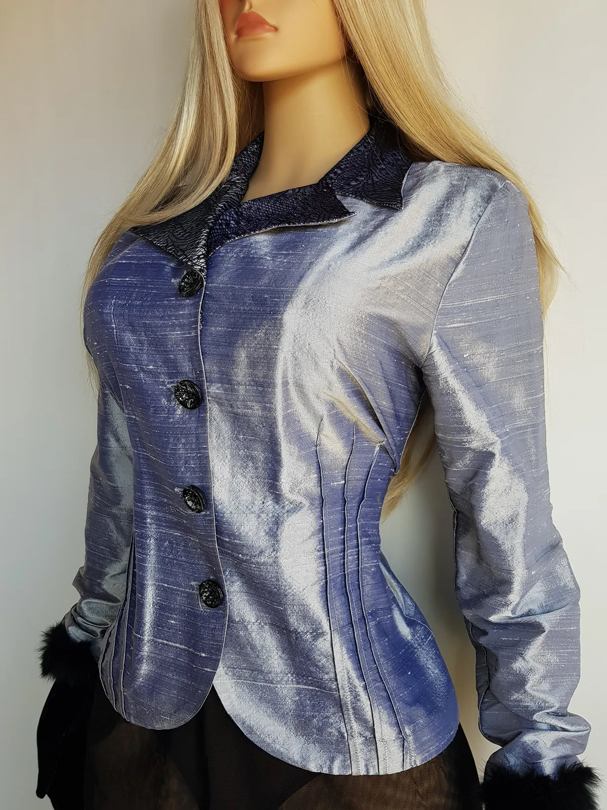 Whimsigoth 1990s Authentic Designer Tailored Jacket with Lace Overlay on collar - Unique Silver - Slim waist with sculpted sleeves