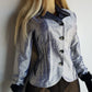 Whimsigoth 1990s Authentic Designer Tailored Jacket with Lace Overlay on collar - Unique Silver - Slim waist with sculpted sleeves