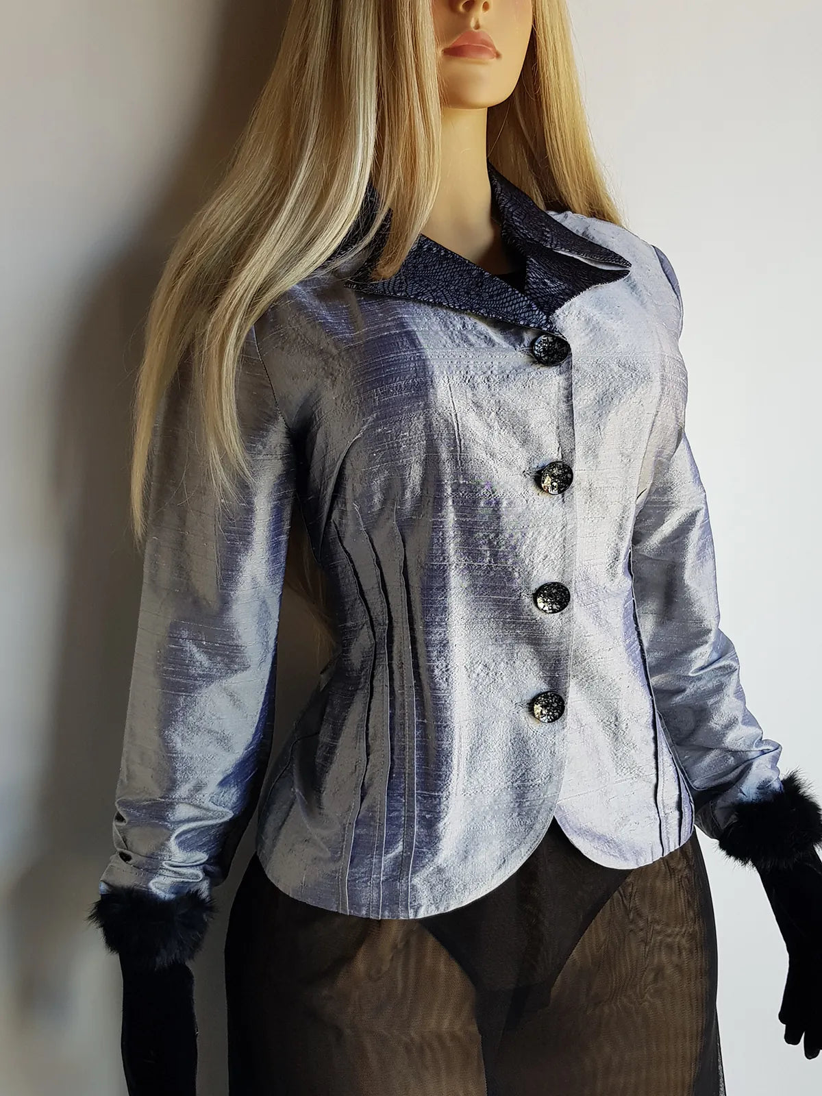 Whimsigoth 1990s Authentic Designer Tailored Jacket with Lace Overlay on collar - Unique Silver - Slim waist with sculpted sleeves