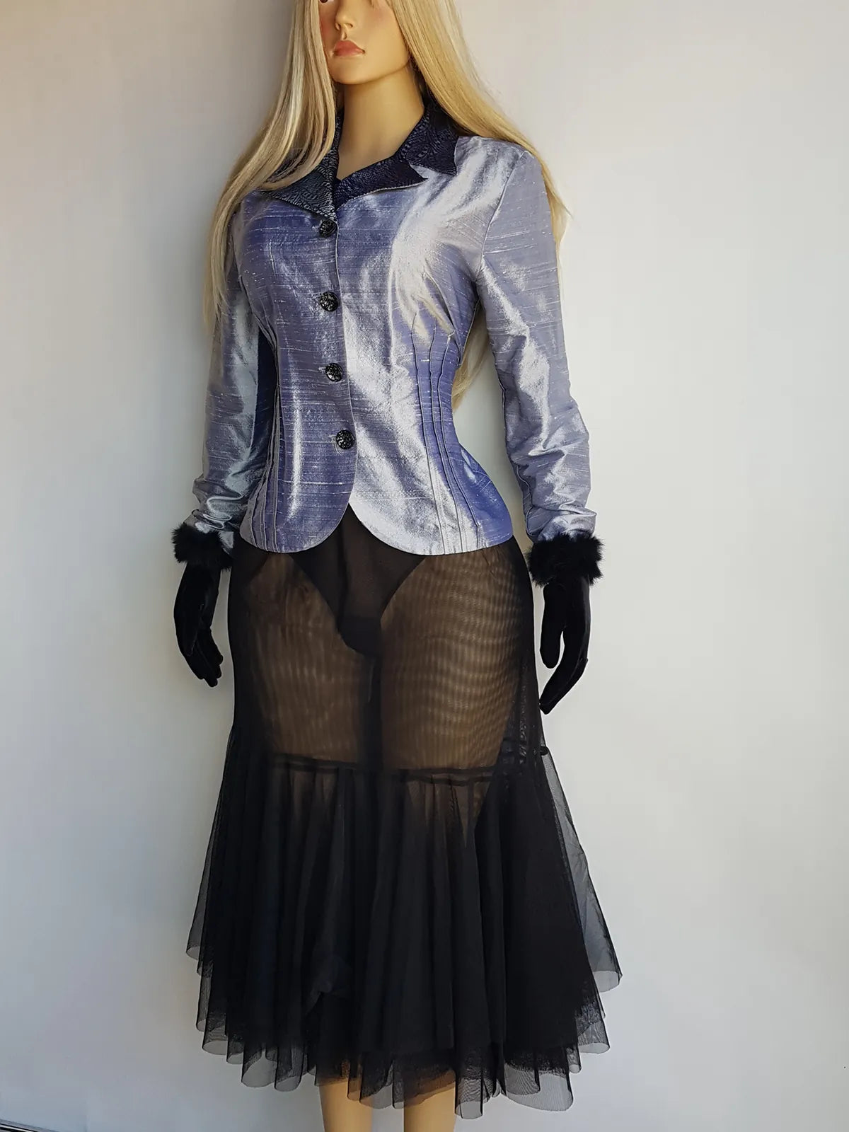 Whimsigoth 1990s Authentic Designer Tailored Jacket with Lace Overlay on collar - Unique Silver - Slim waist with sculpted sleeves