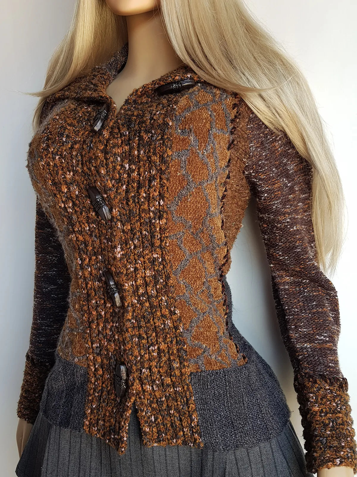 Vintage 1990s Sexy Earth Fairy Woodland Toned -  Hand Knitted Jacket with Leather Toggle Buttons