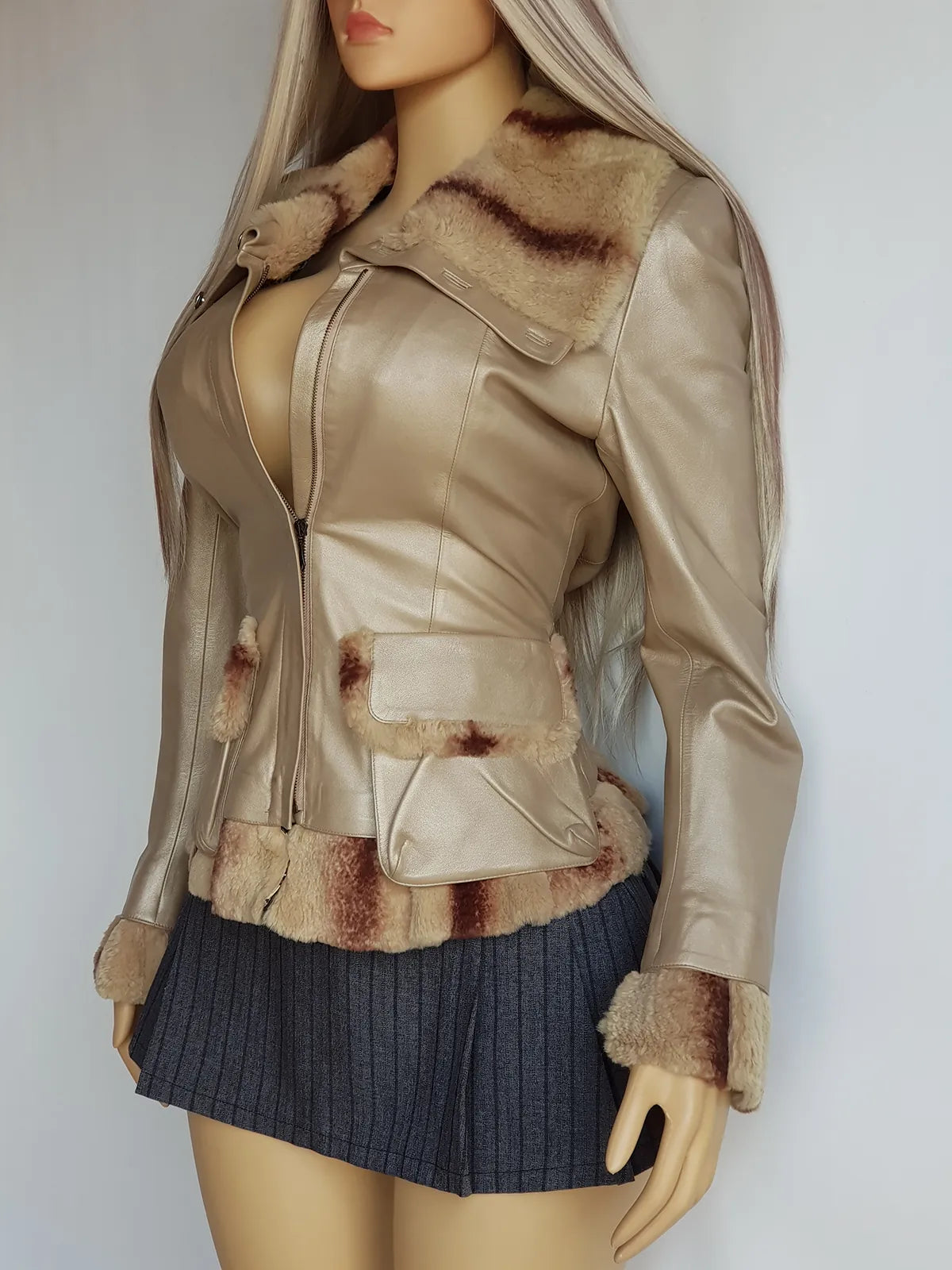 Vintage 2000s Metallic Champagne Leather & Fur Jacket - 100% genuine leather