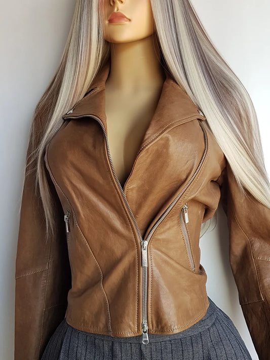 Authentic Armani Vintage 100% Genuine Leather Jacket - Made in Italy - Perfect light Camel brown - Antique Gold Hardware - Zip Closure