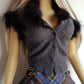 90s Perfect Gunmetal Grey Knit Top with Ostrich feather Collar and Sleeves - Ultra Sexy - Button Front & Wear open or closed