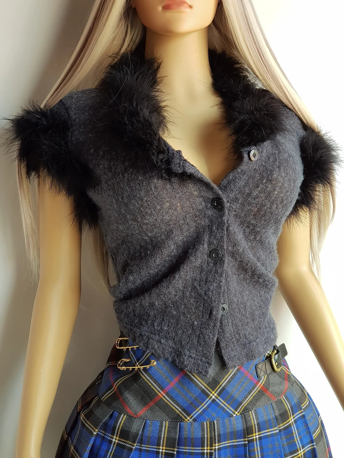 90s Perfect Gunmetal Grey Knit Top with Ostrich feather Collar and Sleeves - Ultra Sexy - Button Front & Wear open or closed