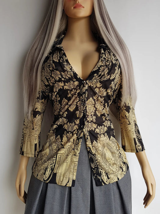 Genuine 1990s Rockstar Girlfriend Style Sheer Blouse with Insame Print & Rhinestoning - Gold & Black - Wear open or Closed