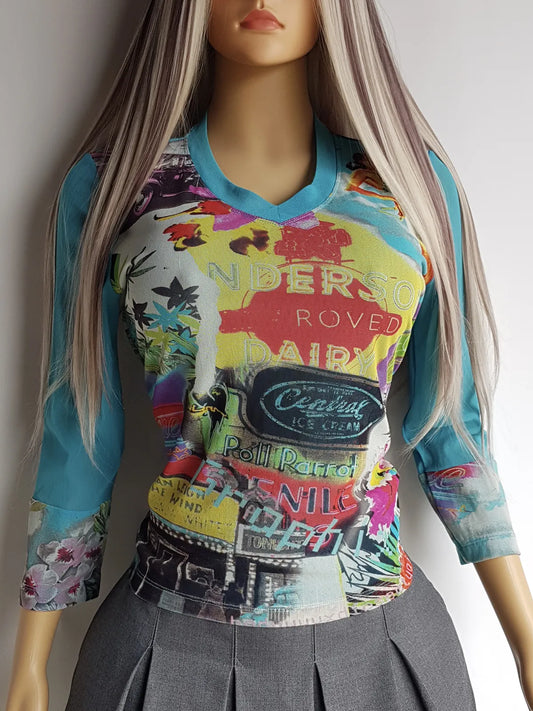 1990s Mesh Print Las Vegas Route 66 Hot Rod Style Top - Ultra Sexy Rockstar Girlfriend Style - Super Vibrant - Tight & Stretchy -