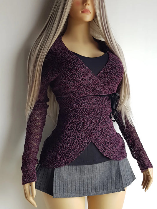 Vintage 1990s Whimsigoth Knit Top - Deep Grape & Black - So Sexy - Curve Hugging Wrap style with faux tie on the side