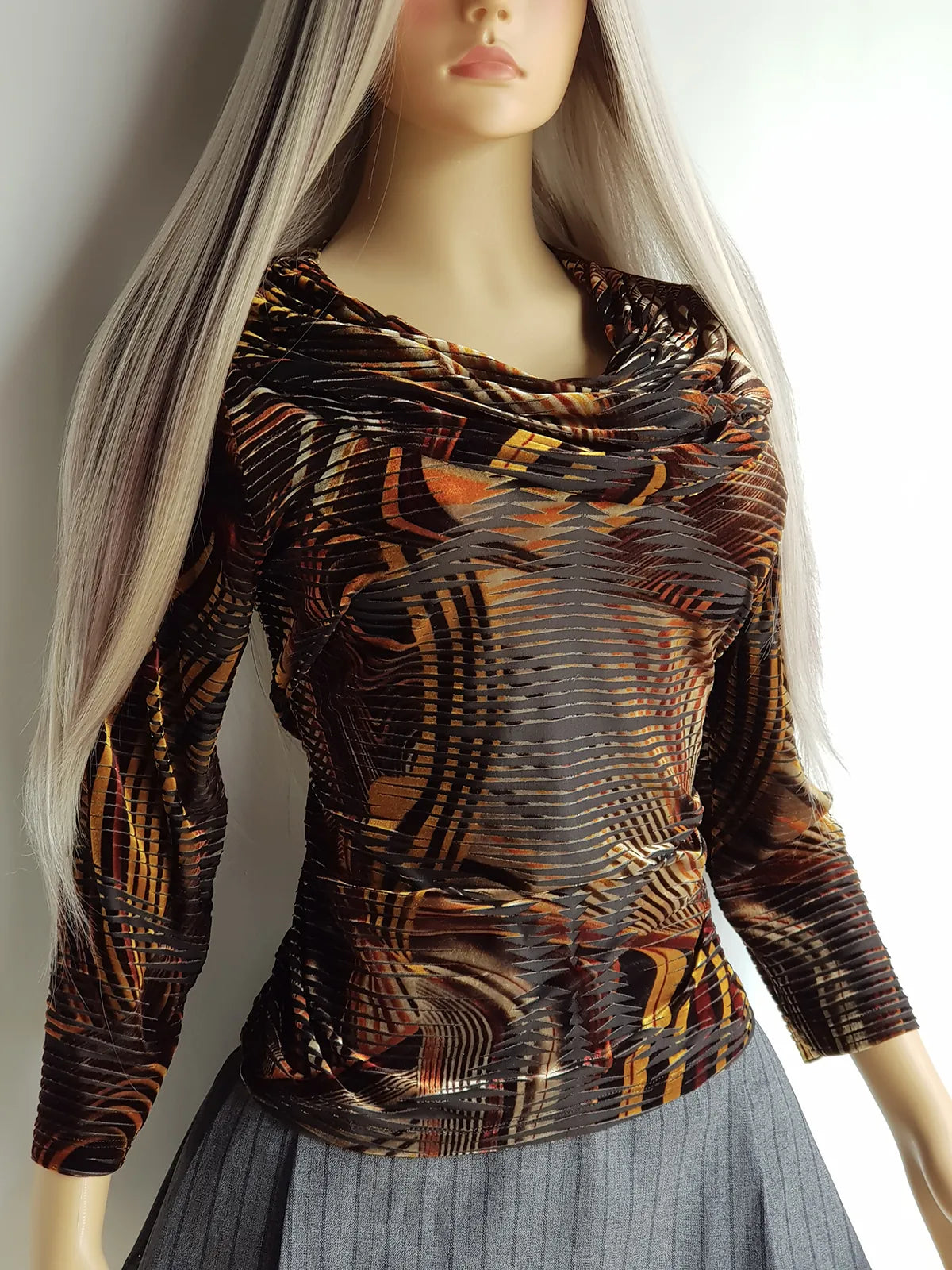 90s Vintage Tiger Print Burnout Velvet Top with Draped Cowl neck in Beautiful Burnt Amber & Tangerine Tones