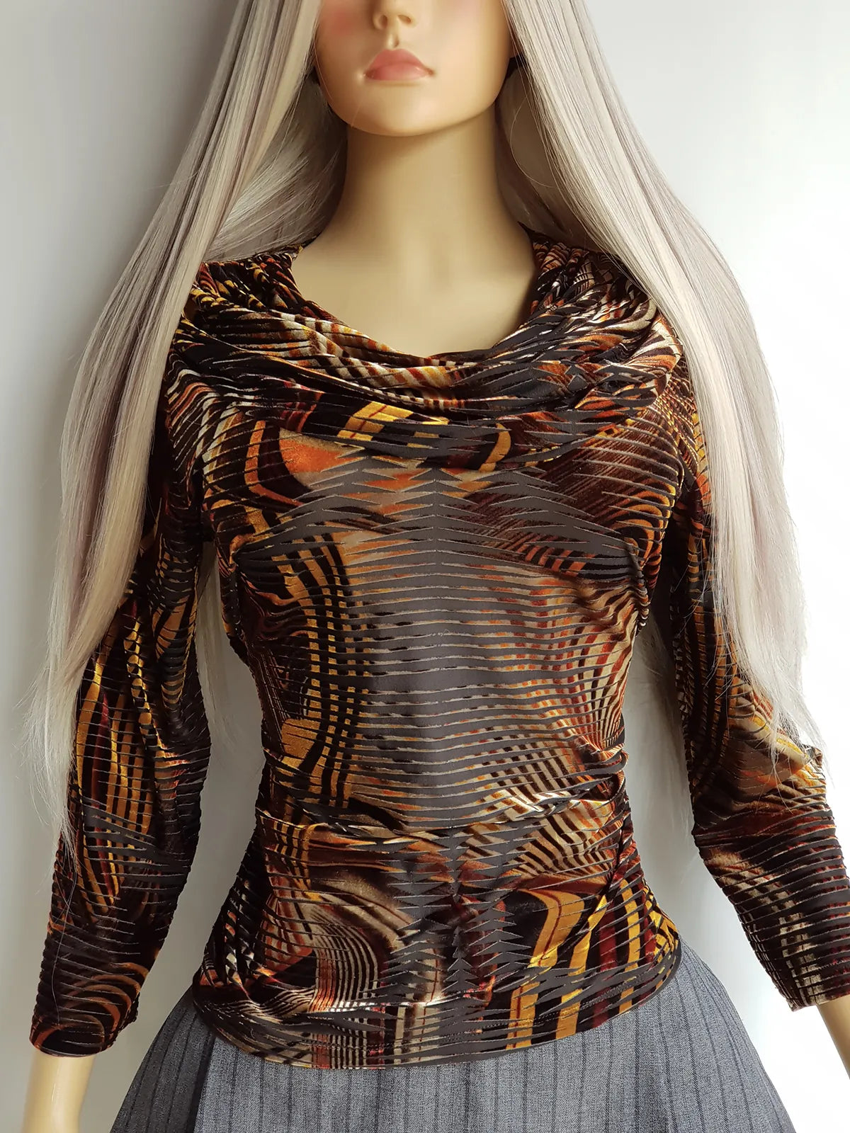 90s Vintage Tiger Print Burnout Velvet Top with Draped Cowl neck in Beautiful Burnt Amber & Tangerine Tones