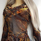 90s Vintage Tiger Print Burnout Velvet Top with Draped Cowl neck in Beautiful Burnt Amber & Tangerine Tones