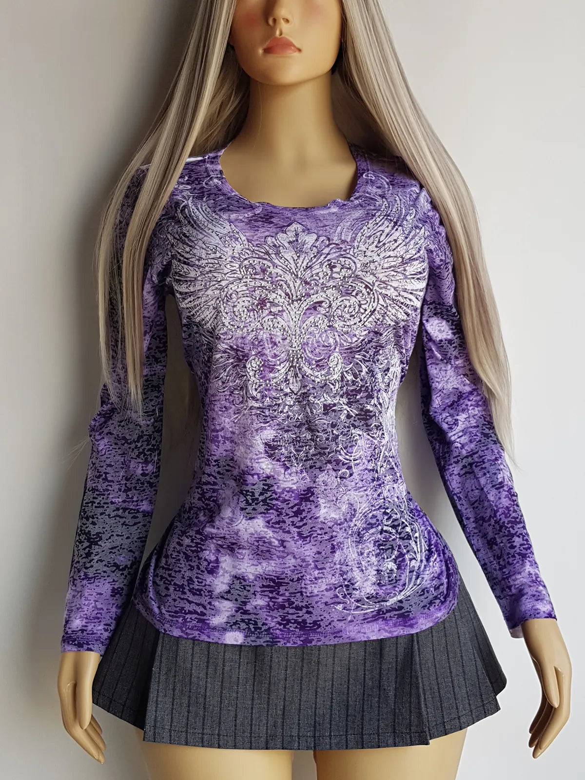 2000s Authentic McBling Style Angel Top with Rhinestones- Vibrant Purple & White Tones - Angel Wings & Tattoo Tribal Prints