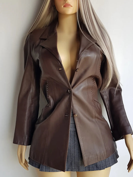 Italian Vintage Rich Hickory Brown 90s Vintage 100% Genuine Leather Jacket - Hourglass Cut Tailoring - Feature Braided Leather Detailing