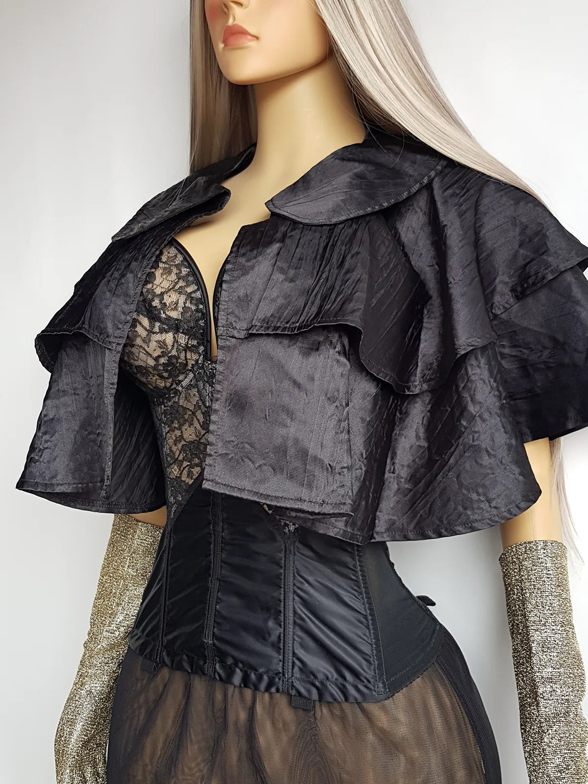 Vintage Dramatic Black Multi-Tiered Open Cape with Collar - Flouncy and Romantic - Light & Flowy