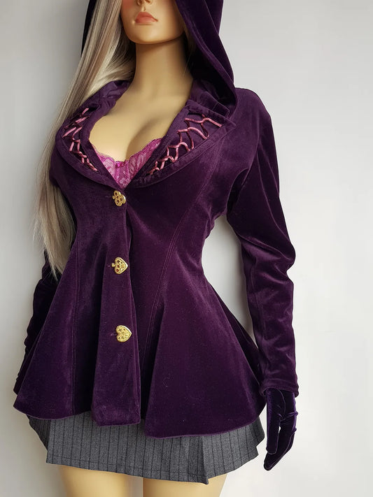 Unbelievable 1990s Authentic Vintage Hooded Hourglass Jacket in Rich Purple Velvet - Braided Collar Detailing- Gold Ornate Buttons - Corset style Back - Nipped waist with Flared Peplum