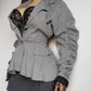 Genuine 1990s Sculptural Avant Garde Suit Jacket - Hourglass Nipped Waist Fit with Feature Sleeves - Light Wool in Grey & Black