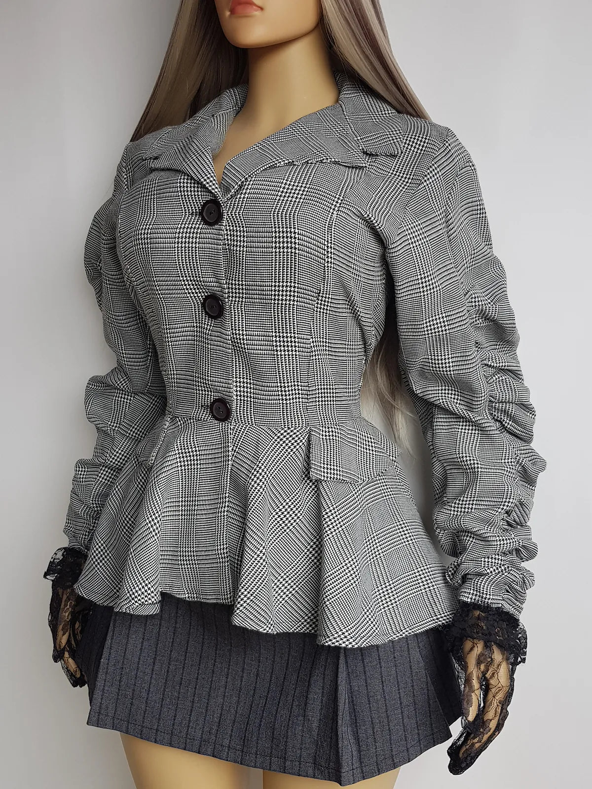 Genuine 1990s Sculptural Avant Garde Suit Jacket - Hourglass Nipped Waist Fit with Feature Sleeves - Light Wool in Grey & Black