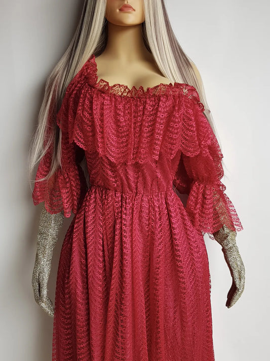 Authentic 1970s Romantic Flowy Flouncy off-shoulder Peasant Style Gown in Beautiful Rose Red - Draping & Gathering Effect All Over