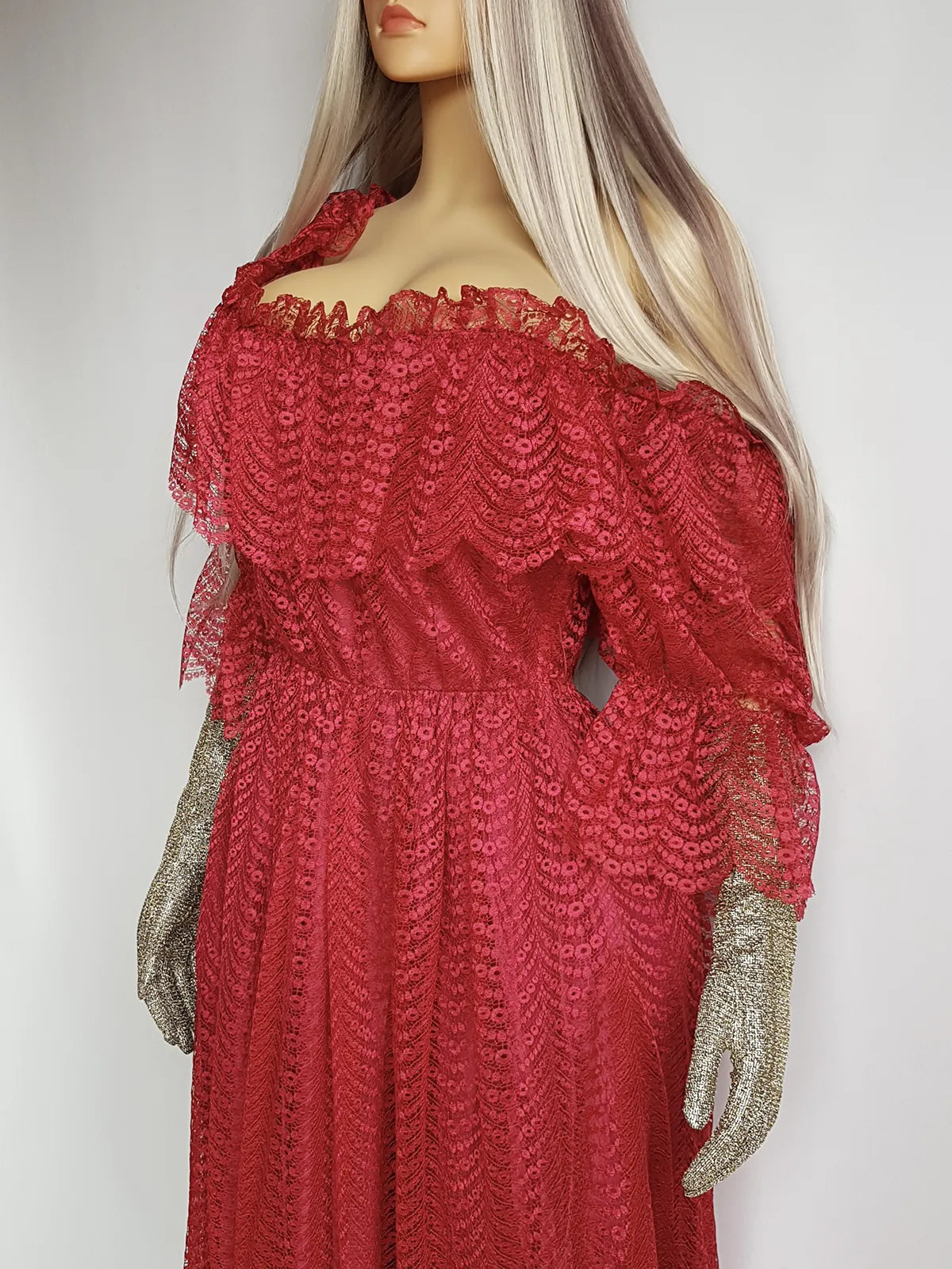 Authentic 1970s Romantic Flowy Flouncy off-shoulder Peasant Style Gown in Beautiful Rose Red - Draping & Gathering Effect All Over