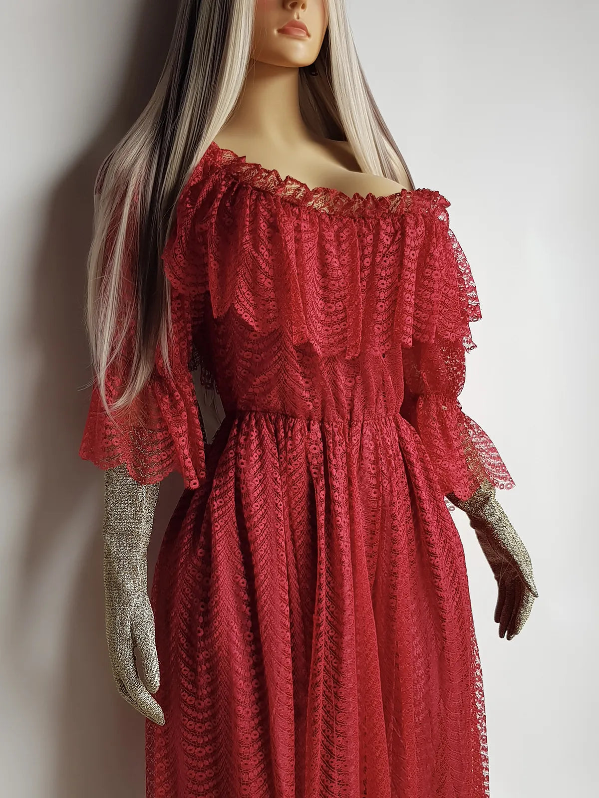 Authentic 1970s Romantic Flowy Flouncy off-shoulder Peasant Style Gown in Beautiful Rose Red - Draping & Gathering Effect All Over