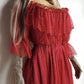 Authentic 1970s Romantic Flowy Flouncy off-shoulder Peasant Style Gown in Beautiful Rose Red - Draping & Gathering Effect All Over