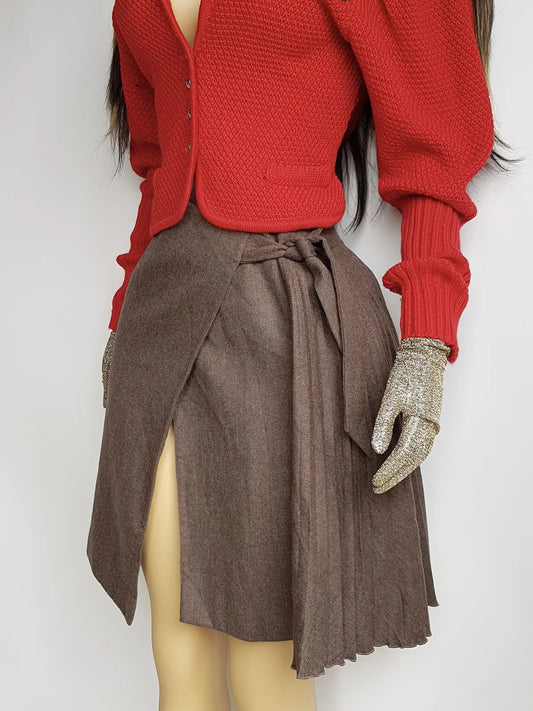 Authentic Ungaro Designer Wrap Skirt in Virgin Wool - Made in Italy - Sexy Asymmetrical Drape - Pleated side panelling -  Muted Mushroom Tones