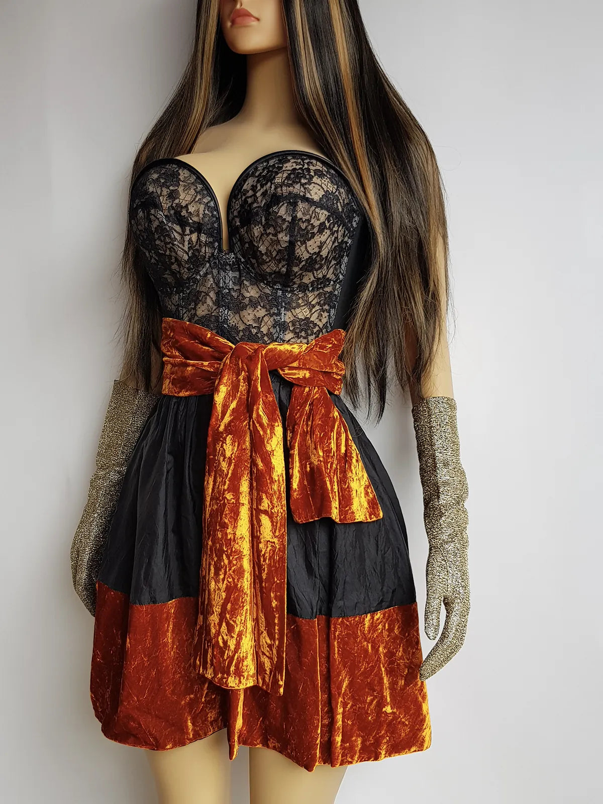 1990s Sexy Vintage Parisian Mini Skirt with absolutely insane burnt fire orange velvet paneling & matching shawl / belt - wear different ways