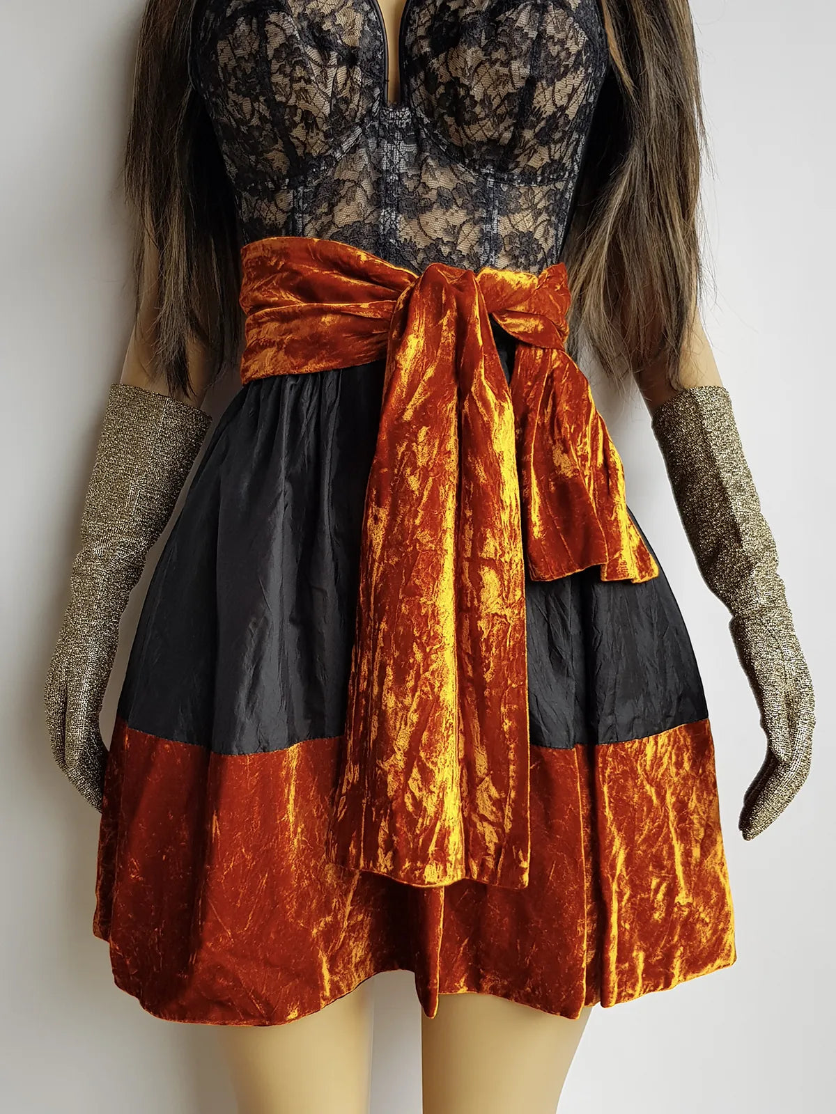 1990s Sexy Vintage Parisian Mini Skirt with absolutely insane burnt fire orange velvet paneling & matching shawl / belt - wear different ways