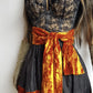 1990s Sexy Vintage Parisian Mini Skirt with absolutely insane burnt fire orange velvet paneling & matching shawl / belt - wear different ways