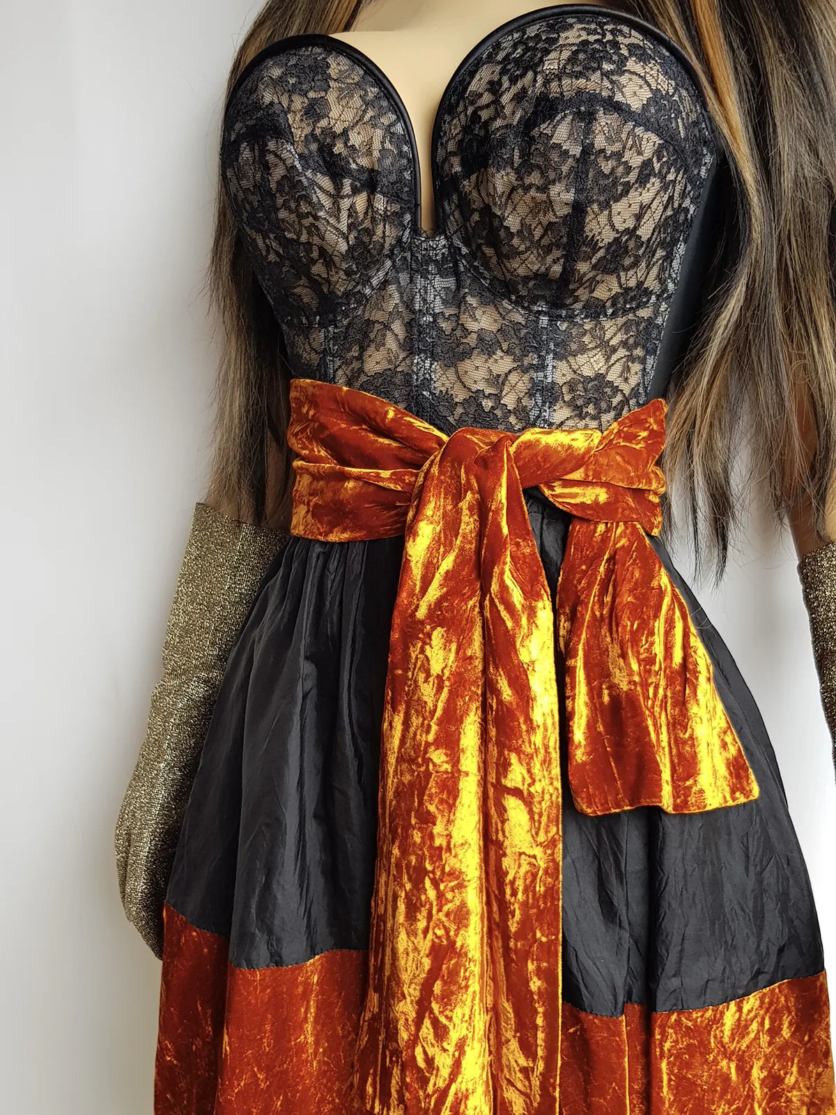 1990s Sexy Vintage Parisian Mini Skirt with absolutely insane burnt fire orange velvet paneling & matching shawl / belt - wear different ways