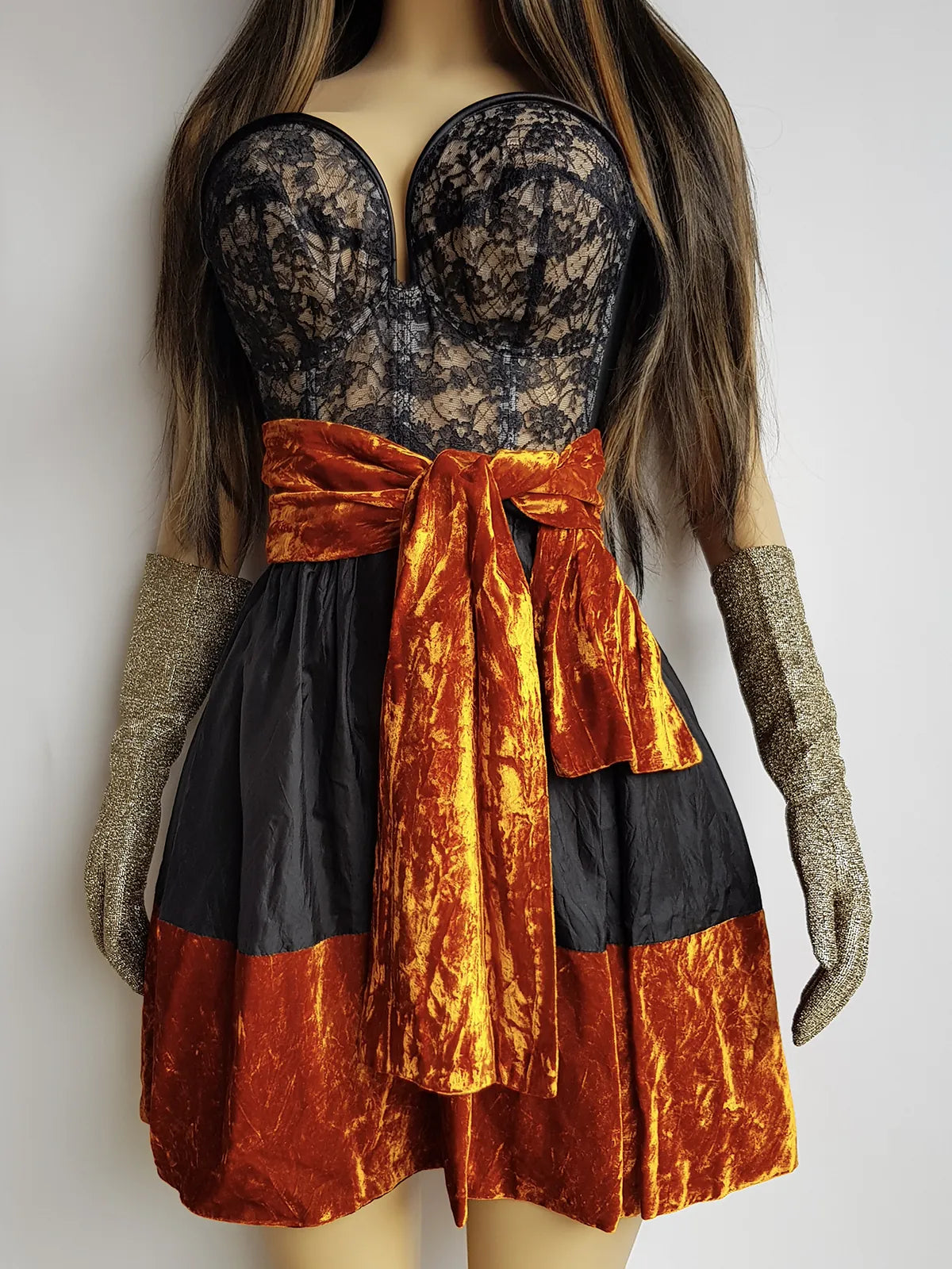 1990s Sexy Vintage Parisian Mini Skirt with absolutely insane burnt fire orange velvet paneling & matching shawl / belt - wear different ways