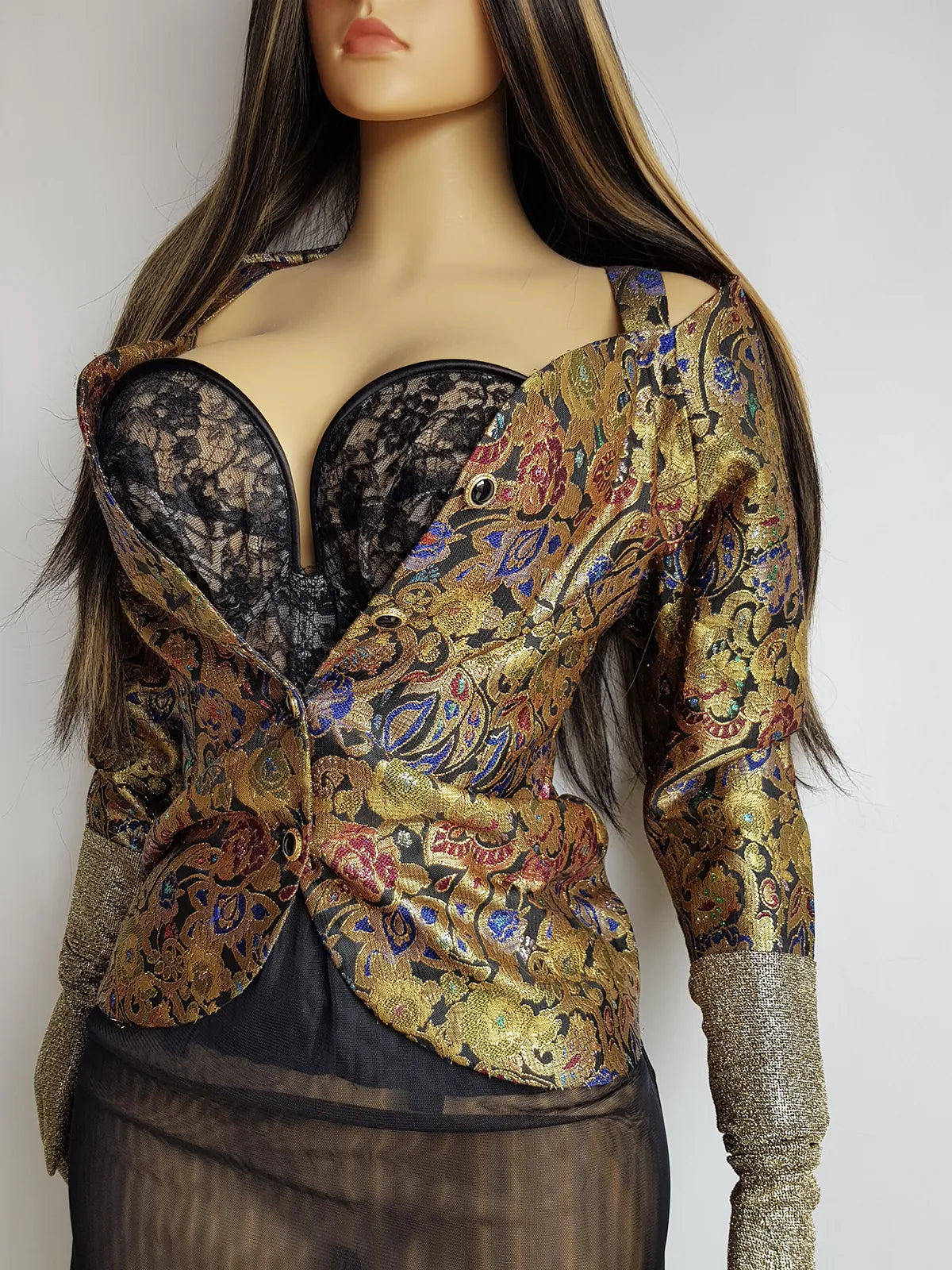 Knockout Genuine Vintage Dramatic  Whimsigothic Rockstar Jacket in Ornate Brocade - Autumn Colours - Hourglass fit - Bold Sculptural Off-Shoulder fit - Wear open or closed