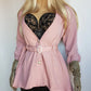 Impeccable Vintage English Made Dusky Pink Hourglass Jacket with Ornate Shell Buttons & Matching Crystal Belt