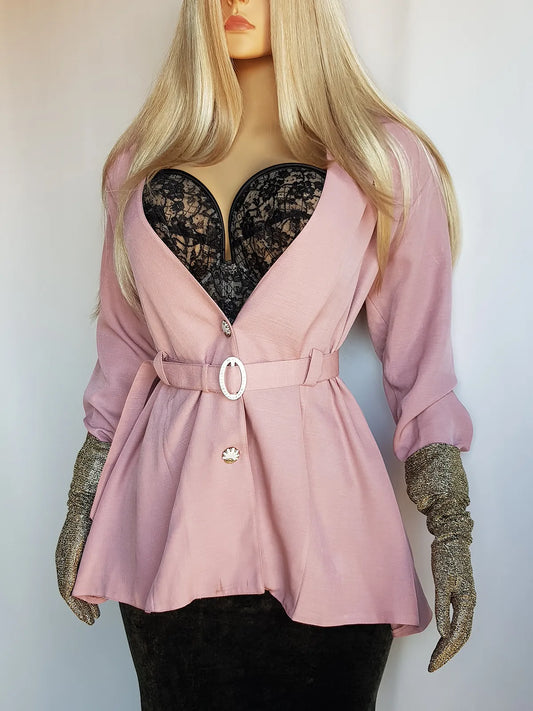 Impeccable Vintage English Made Dusky Pink Hourglass Jacket with Ornate Shell Buttons & Matching Crystal Belt